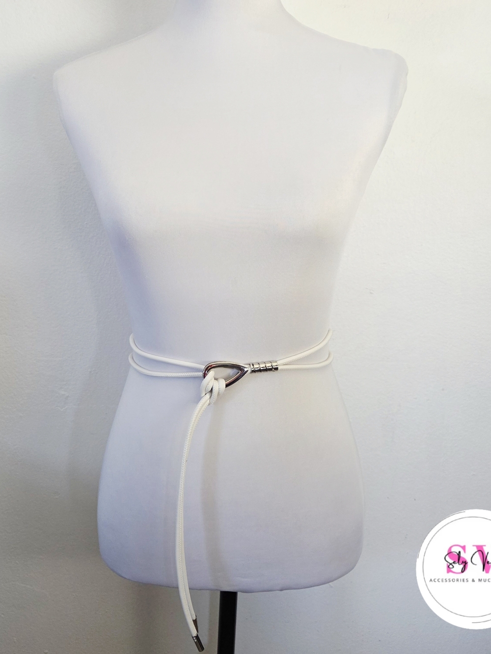 Adjustable White Knotted Wrap Belt with Silver Hardware
